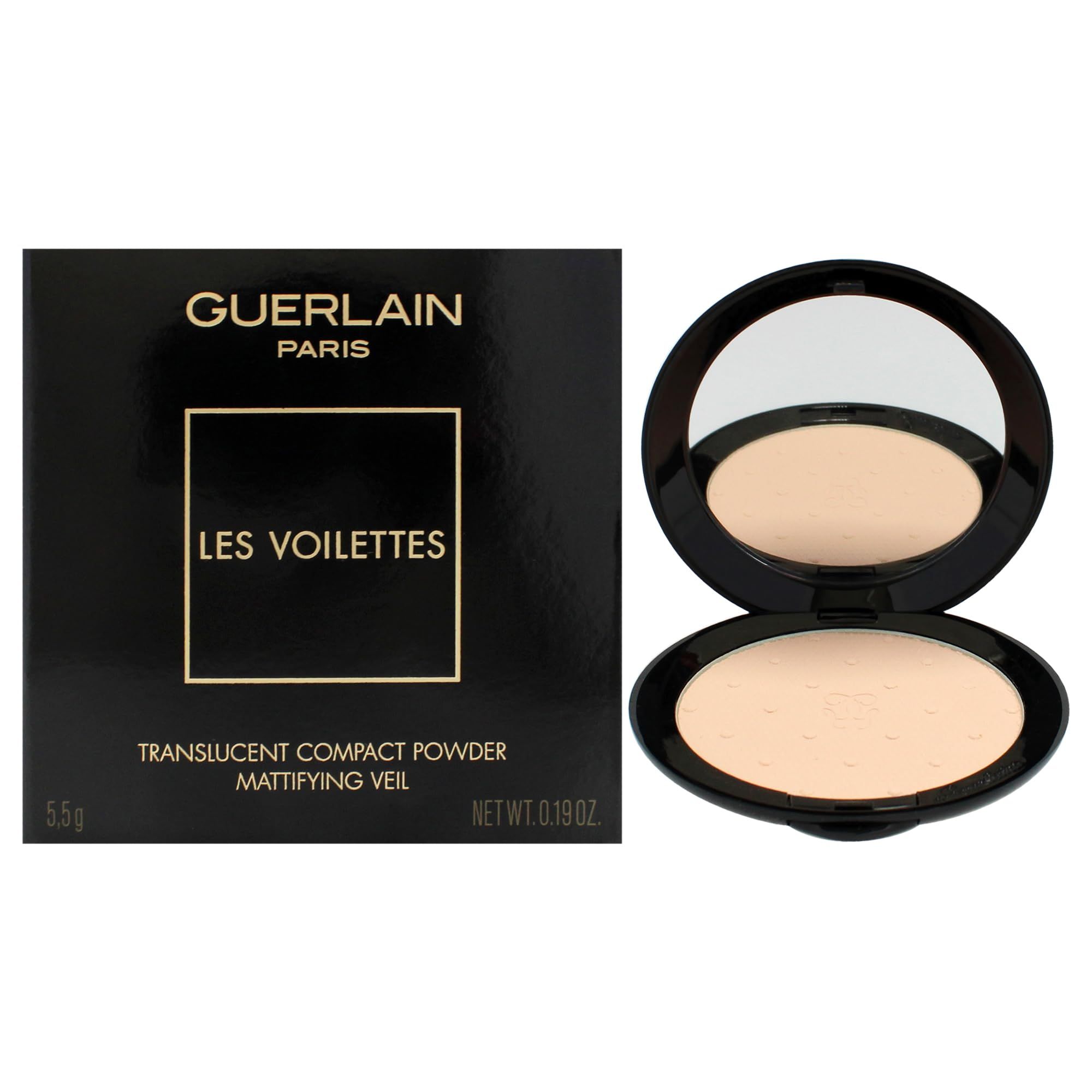 Poudre compacte avec miroir. Boîtier noir ouvert. Poudre beige clair. Texte: Guerlain, Les Voilettes, Translucent Compact Powder, Mattifying Veil.
