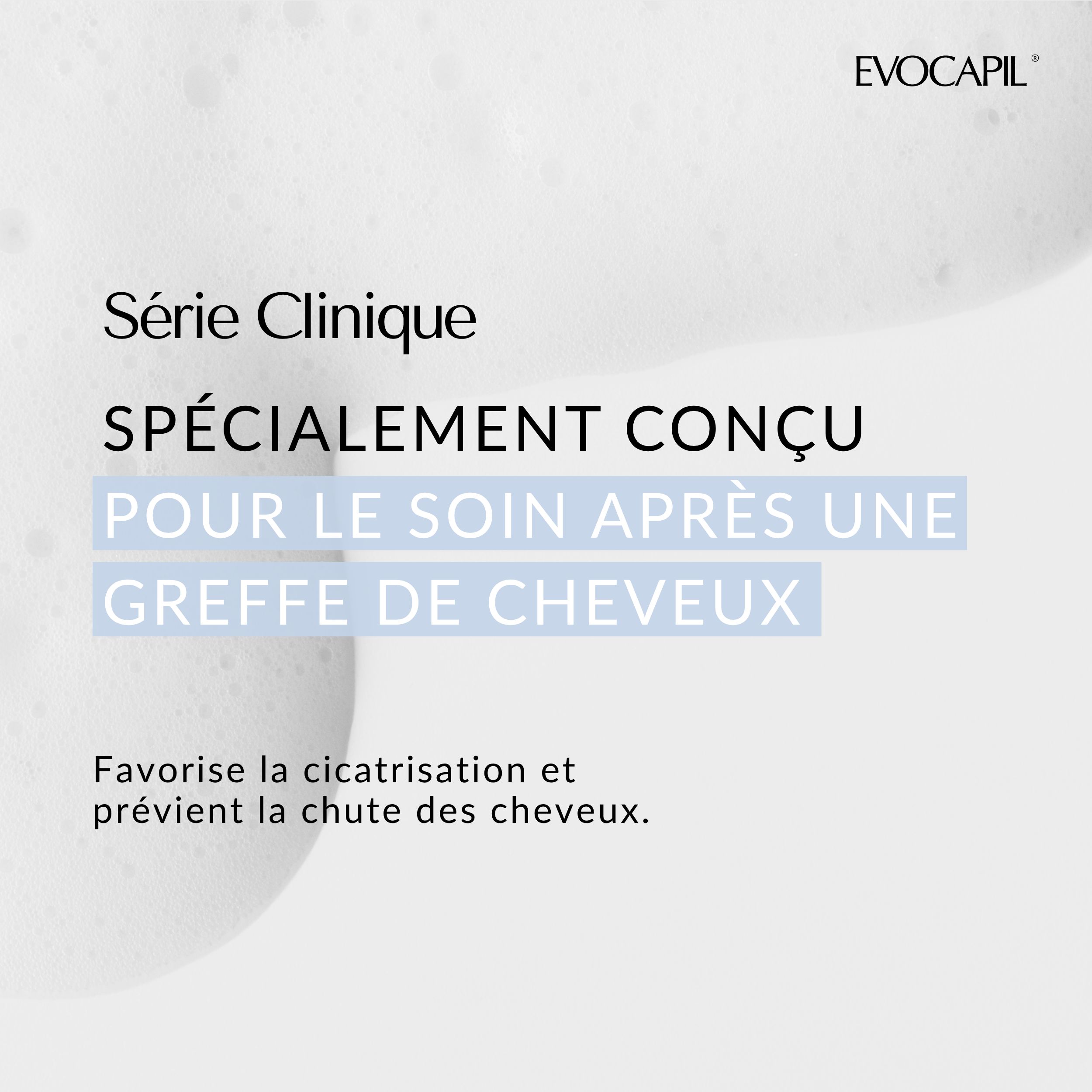 Texte : Série Clinique. Spécialement conçu pour le soin après une greffe de cheveux. Favorise la cicatrisation.