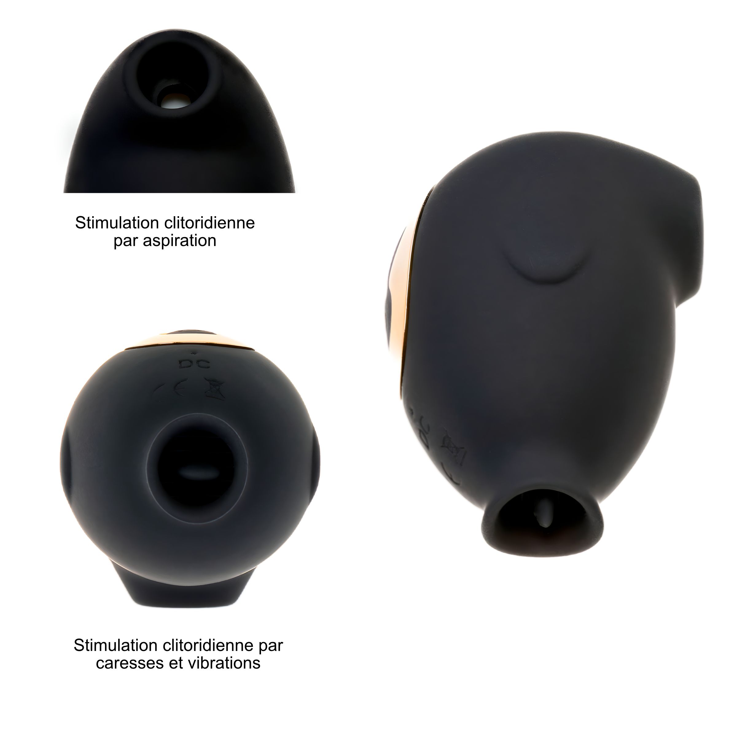 Trois vues d'un appareil noir ovale. Vues: dessus, dessous, côté. Texte: Stimulation par aspiration, caresses et vibrations.