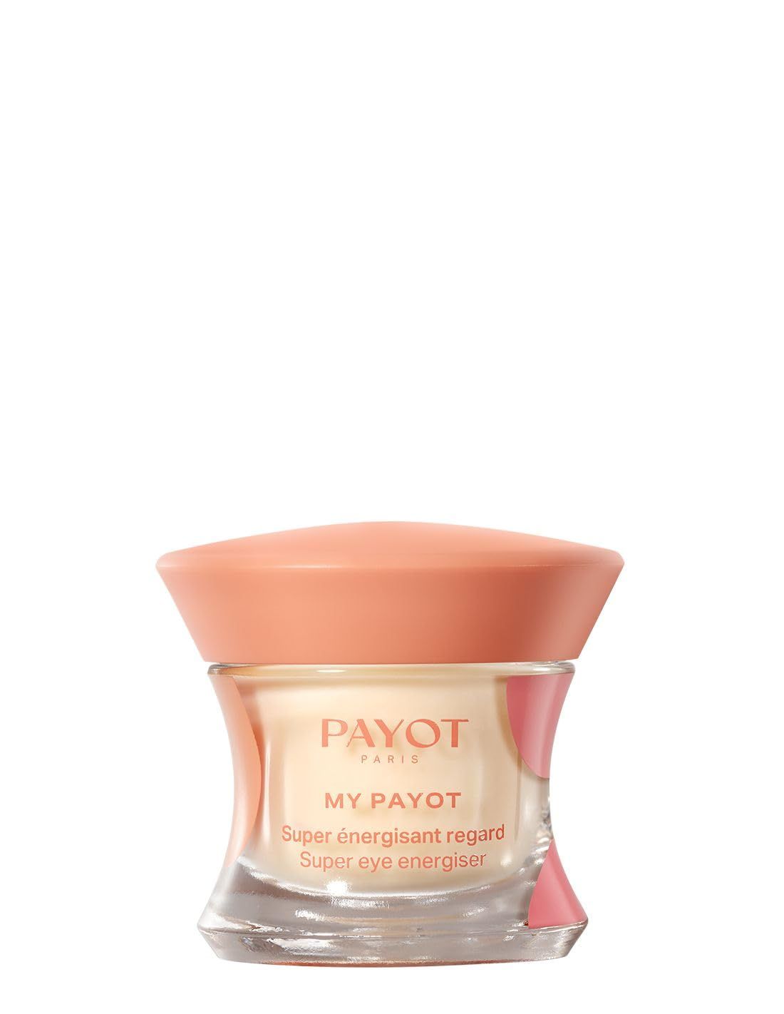 Pot en verre avec couvercle rose. Inscription : PAYOT, MY PAYOT, Super énergisant regard, Super eye energiser.