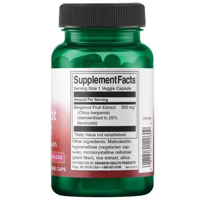Vue arrière du flacon vert Swanson Bergamote-Extrakt. Étiquette avec informations nutritionnelles et ingrédients. Bouchon noir.