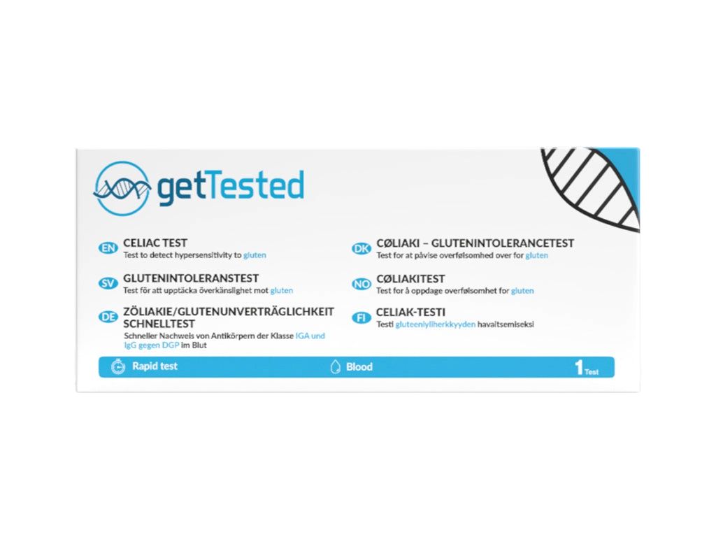 Boîte de test GetTested pour la maladie cœliaque. Contient un test pour la maladie cœliaque. Inscriptions: Celiac Test, Glutenintoleranztest, Schnelltest, Rapid Test, Blood.