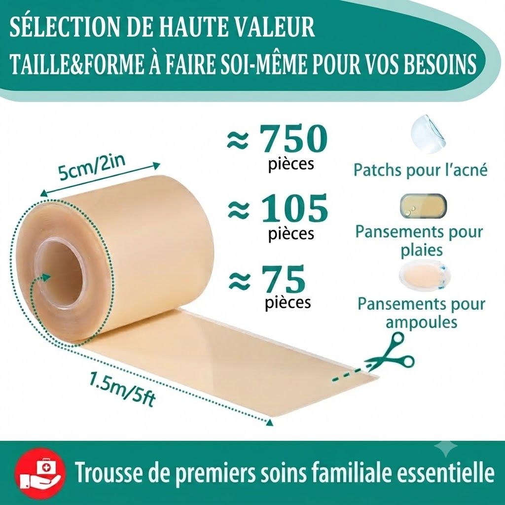 Un rouleau de ruban adhésif couleur chair, 5 cm de large et 1,5 m de long, à découper.
