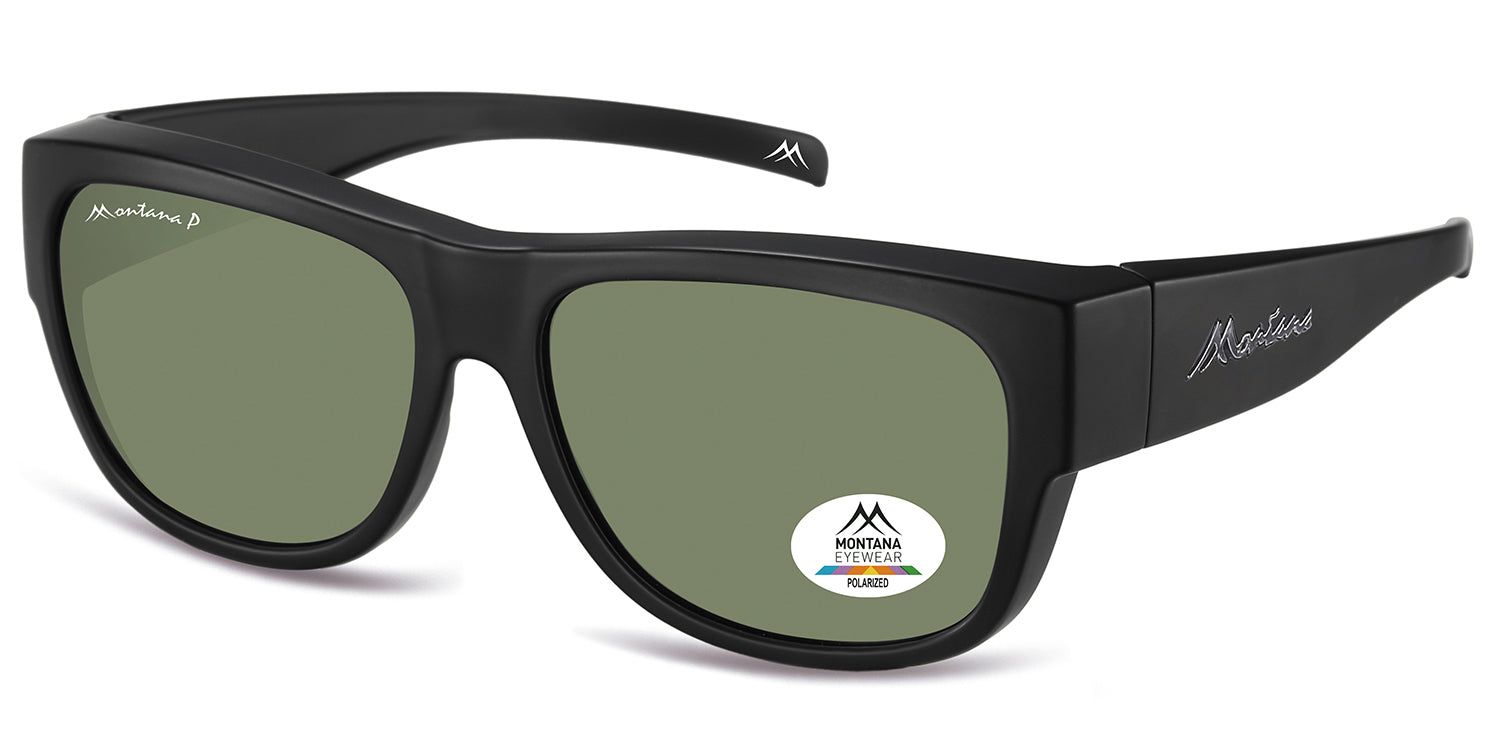 Lunettes de soleil noires, vue latérale. Verres verts, logo Montana Eyewear. Autocollant de polarisation.