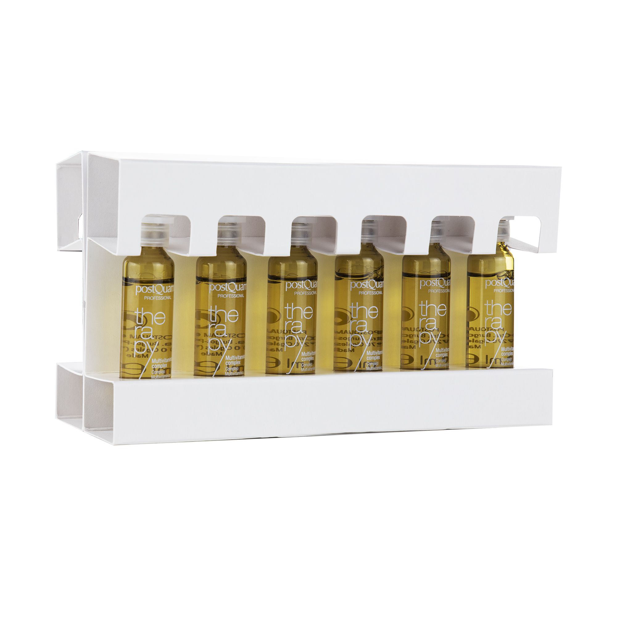 Ampullen in witte houder. Opschrift 'therapy'.