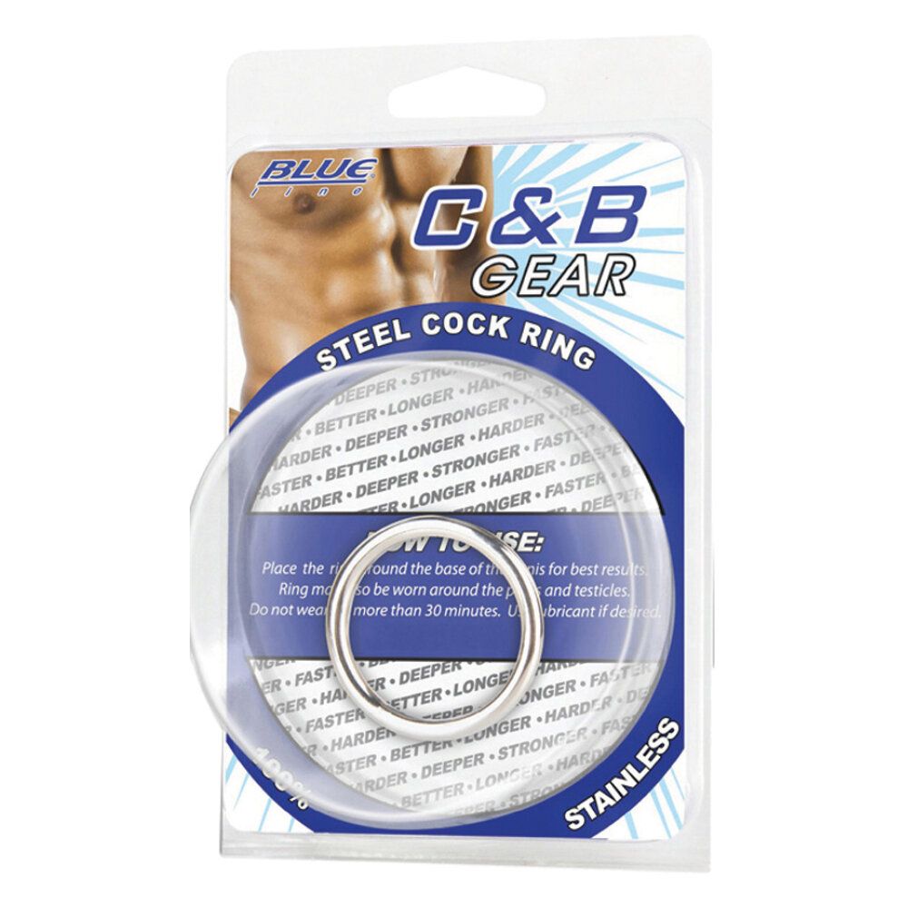 Anneau pénien en acier, deux anneaux, un dans l'emballage. Emballage avec nom du produit, marque et description. Inox.