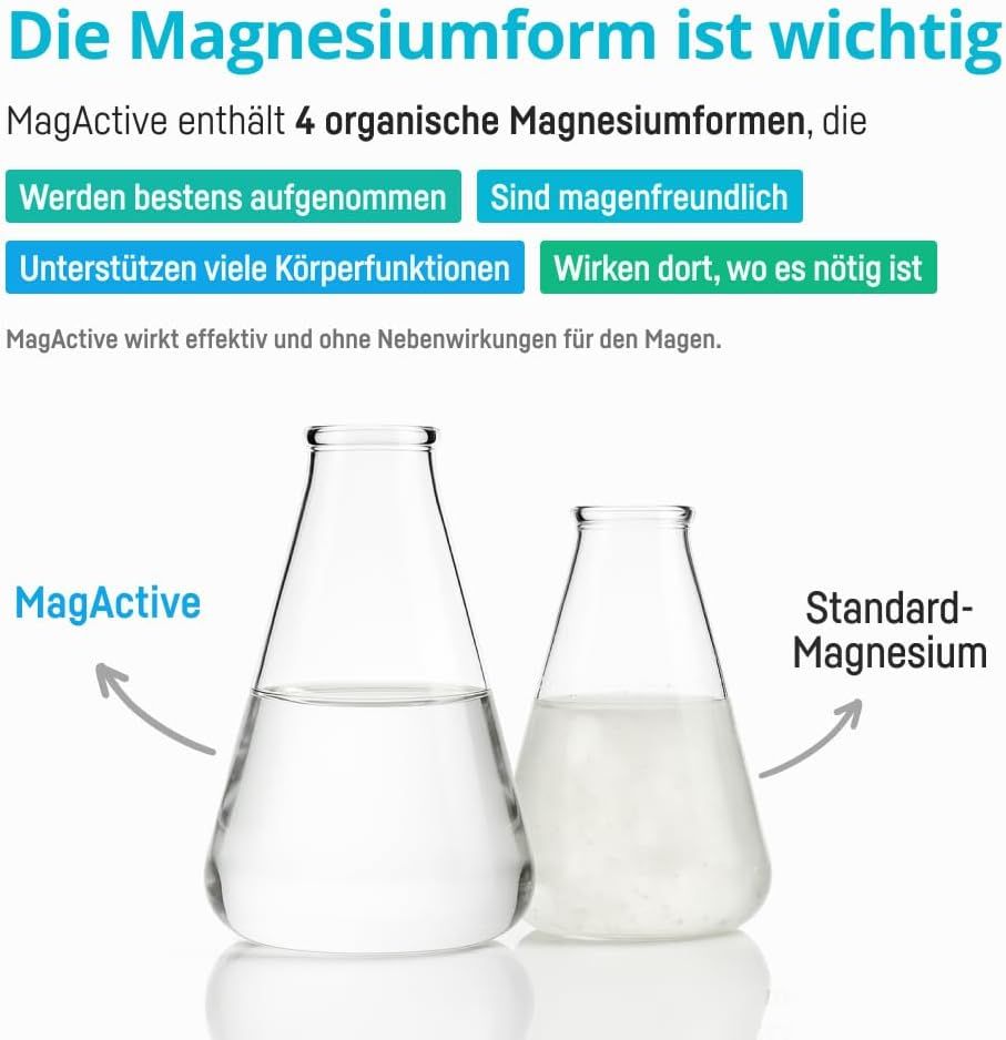 Bio Medical Pharma MagActive : comparaison des formes de magnésium dans des flacons de laboratoire.