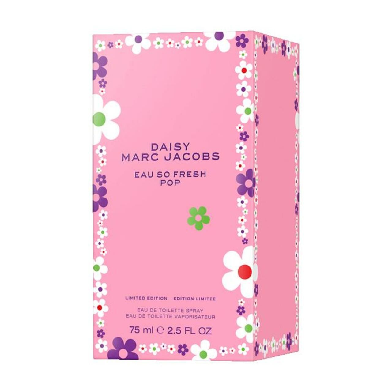 Roze verpakking met bloemenpatroon. Opschrift: Daisy Marc Jacobs Eau So Fresh Pop. Limited Edition.