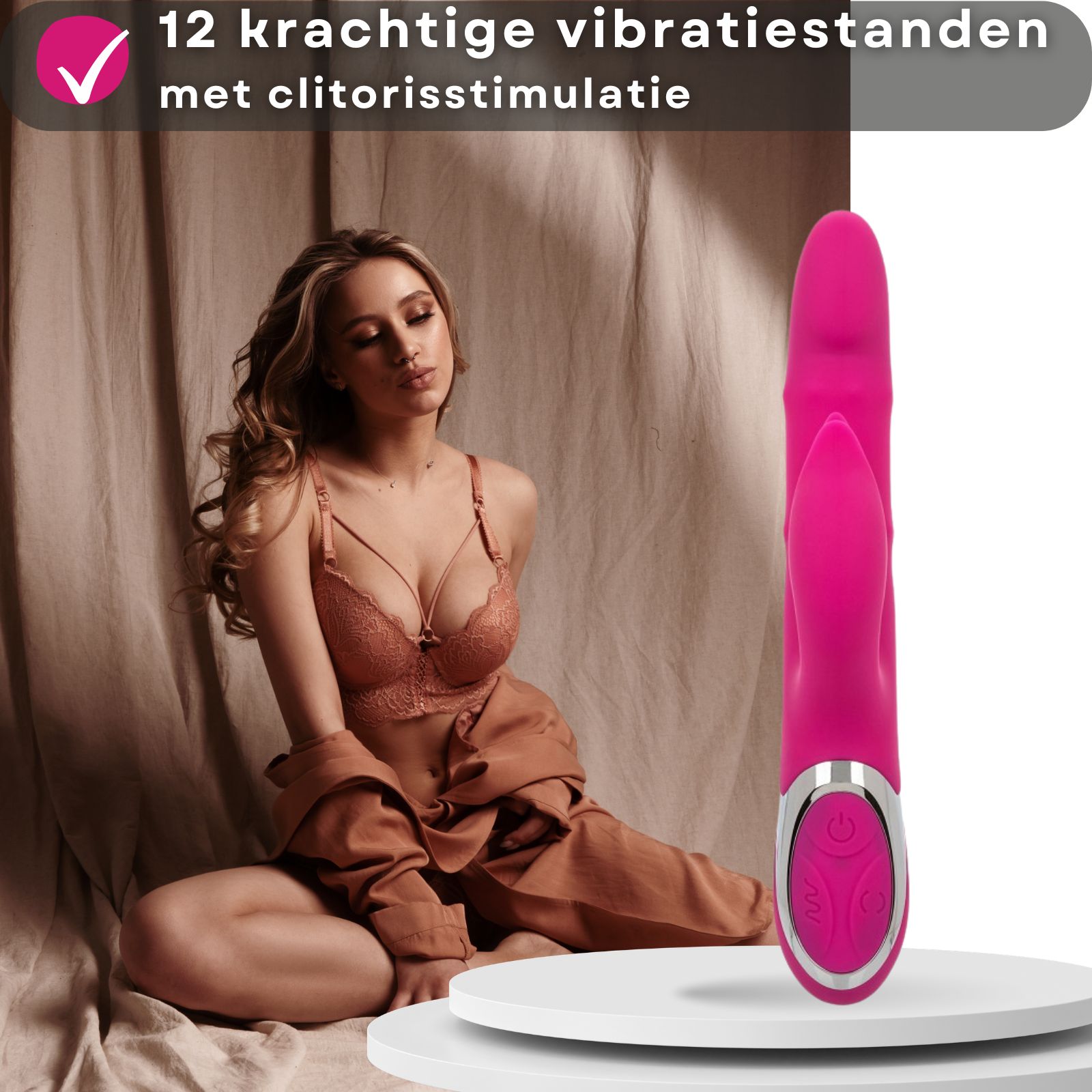 Roze vibrator. Vrouw in lingerie. Tekst: 12 vibratiestanden met clitorisstimulatie.