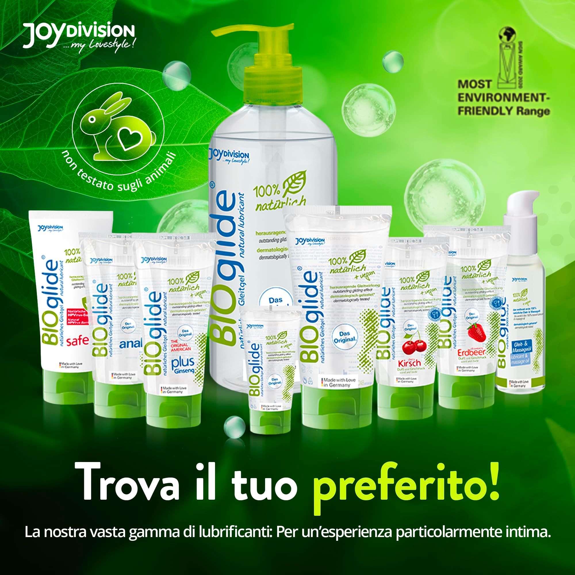 Reeks BIOglide producten, flessen en tubes, met konijnenlogo "non testato sugli animali".