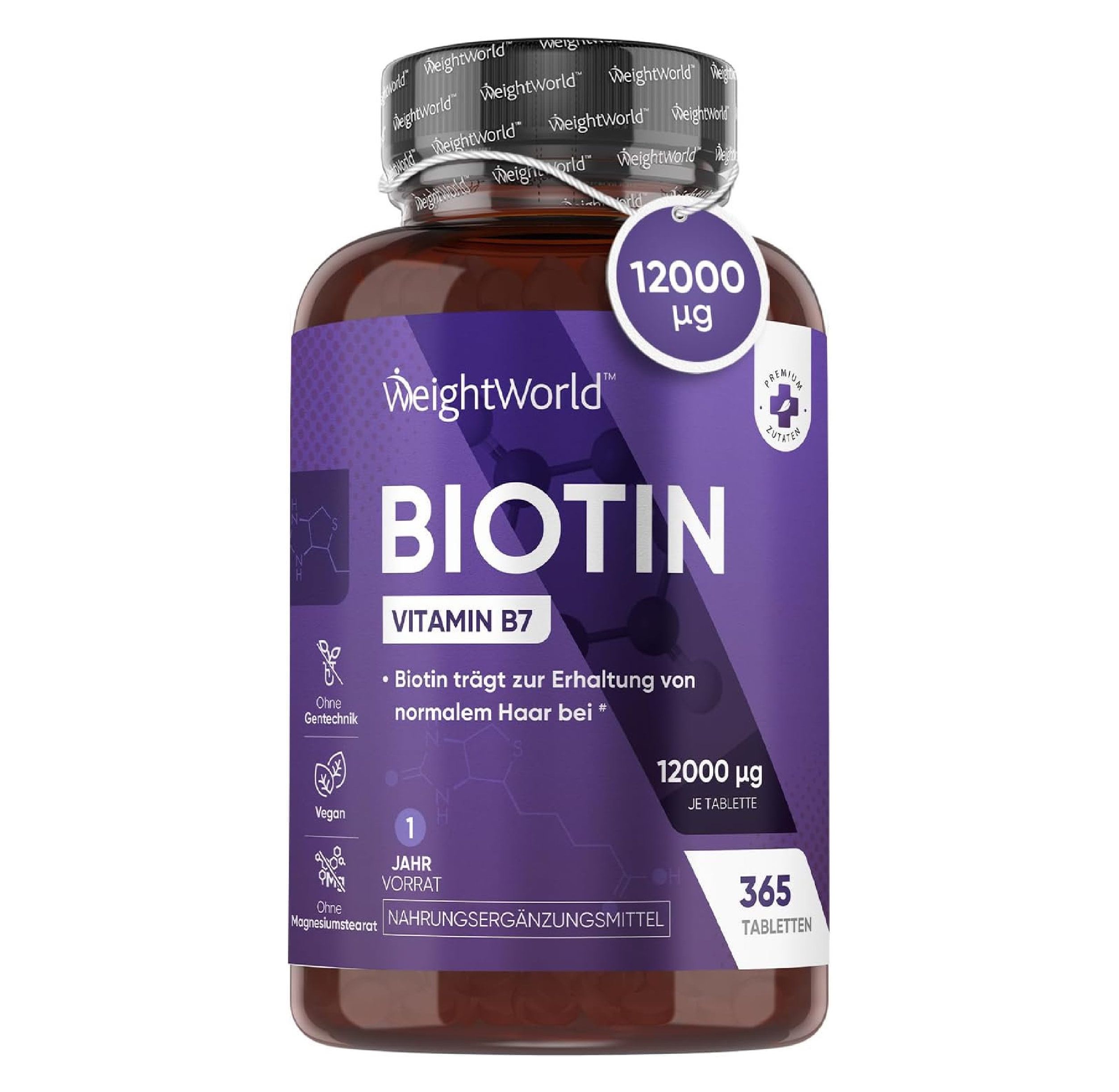 Bruine fles met paars etiket. Opschrift: BIOTINE, Vitamine B7, 12000 µg, 365 tabletten. WeightWorld zegel.