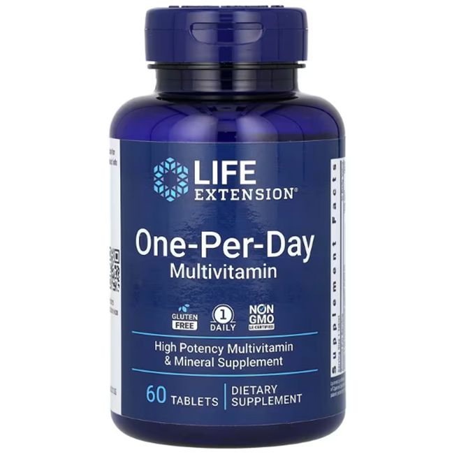 Flacon bleu avec étiquette blanche. Inscription : Life Extension, One-Per-Day Multivitamin. 60 comprimés.