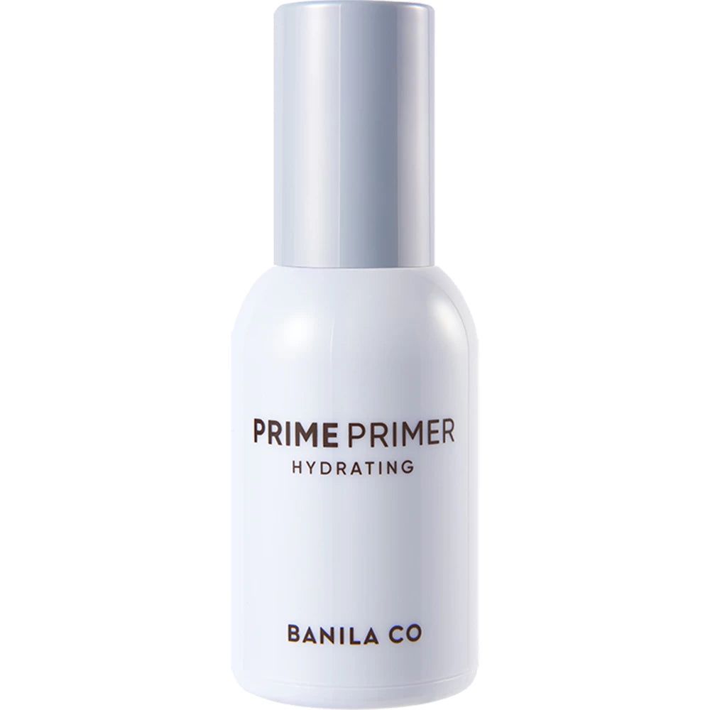 Witte fles met zilveren dop. Opschrift: PRIME PRIMER HYDRATING, BANILA CO.