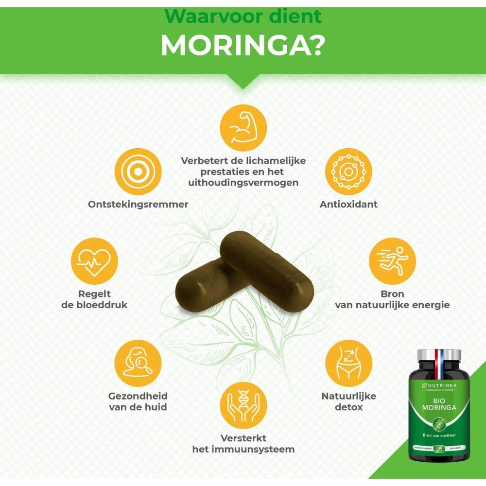 Twee bruine capsules op een blad. Voordelen: ontstekingsremmend, energie, huidgezondheid.