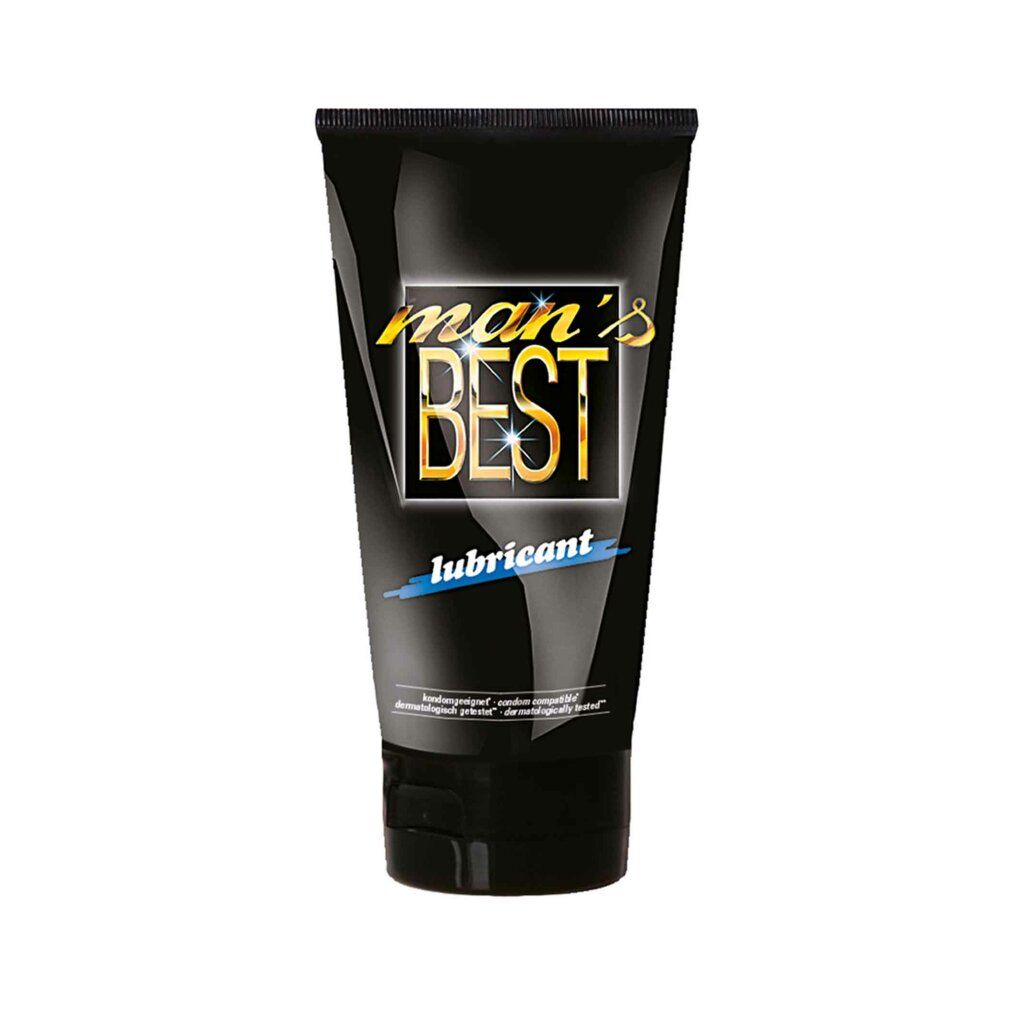 Tube noir avec inscription dorée "man's BEST lubricant". En bas, "100% compatible préservatif".