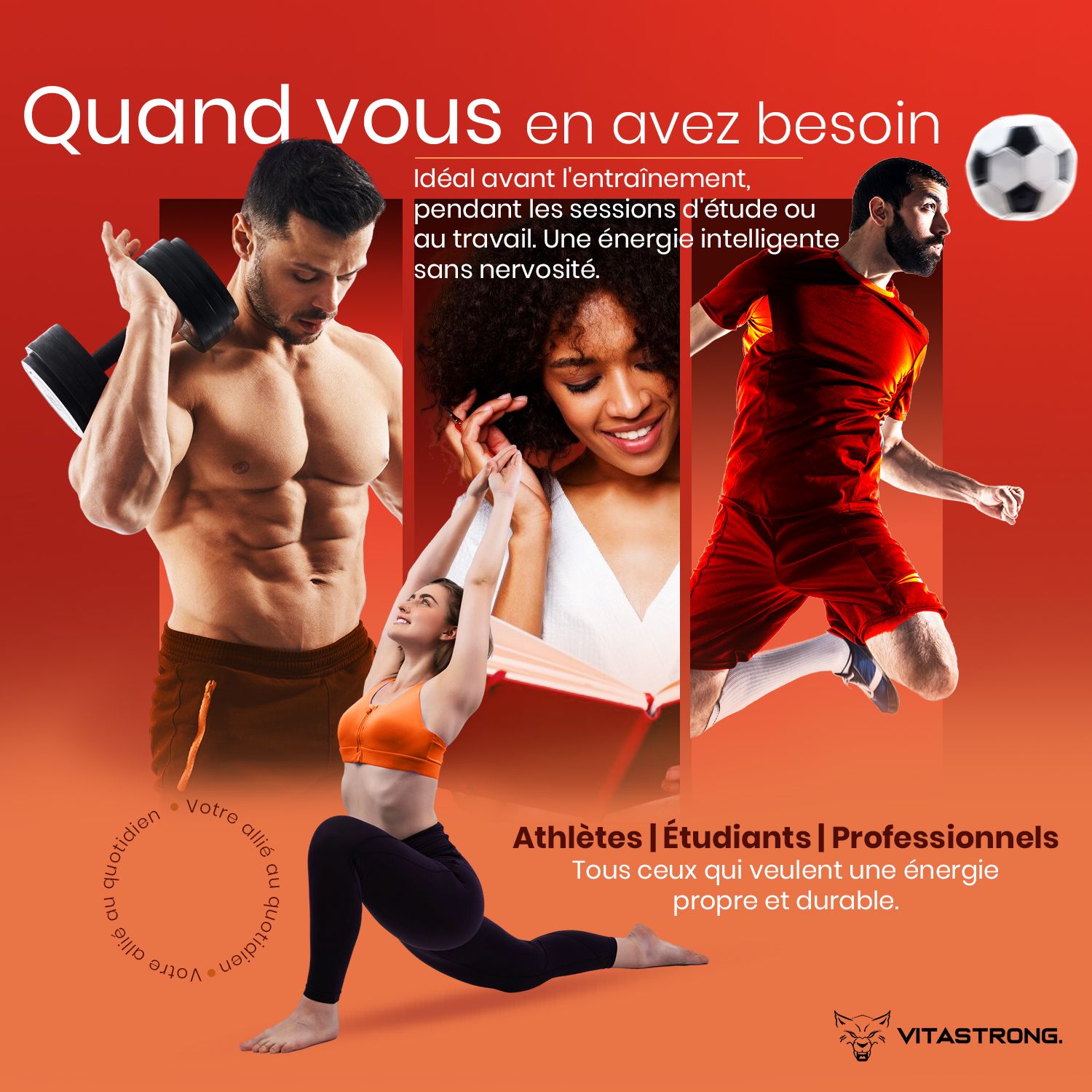 Vitastrong Energy Orange. Image avec athlètes. Texte: Athlètes, étudiants, professionnels.