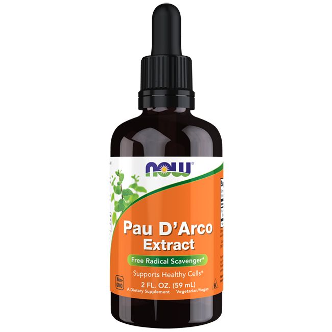 Bruine glazen fles met zwarte druppelaar. Etiket met productnaam en logo. NOW FOODS Pau D'Arco Extract.