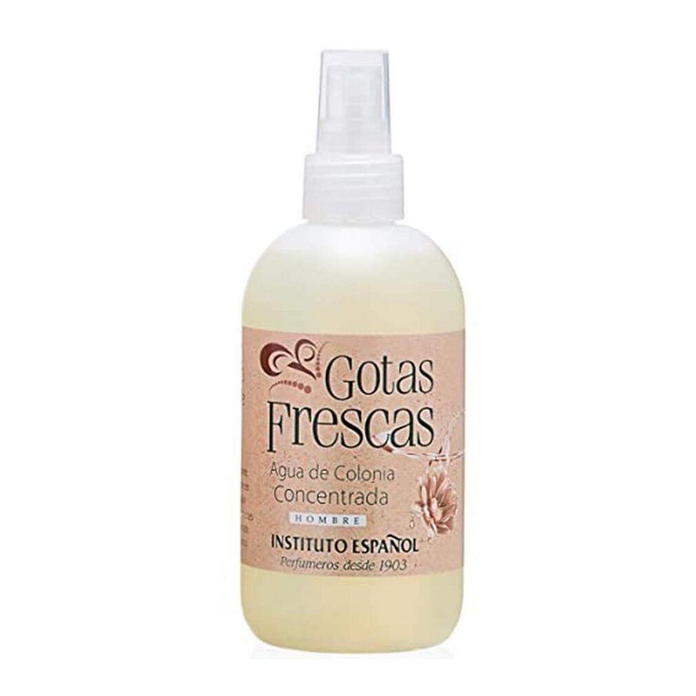 Flacon jaune clair avec vaporisateur. Inscription: Gotas Frescas, Agua de Colonia Concentrada, HOMBRE, INSTITUTO ESPAÑOL. Illustration d'une fleur.