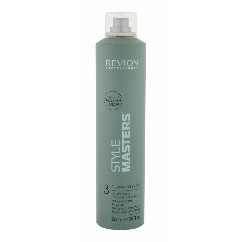 Flacon de spray vert avec tête de pulvérisation blanche. Inscriptions: Revlon, Style Masters, Elevator Spray, Root Lifter. Volume: 300 ml.