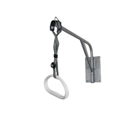 Bedhulp met wandbevestiging. Metalen frame, grijze banden, witte handgreep. Voor wandmontage.