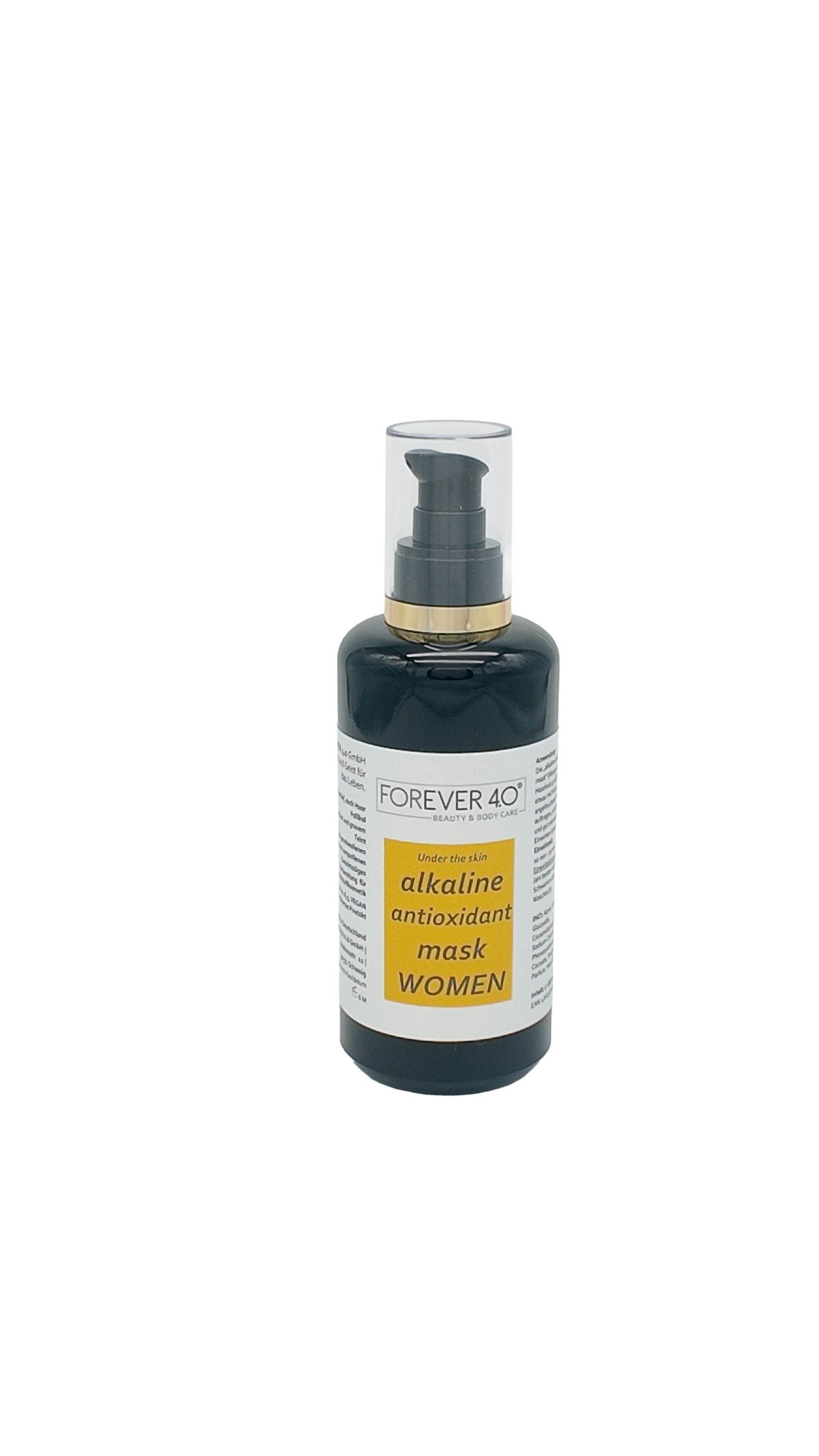 Donkere fles met pomp. Opschrift: FOREVER 40, alkaline antioxidant mask WOMEN. Geel etiket.