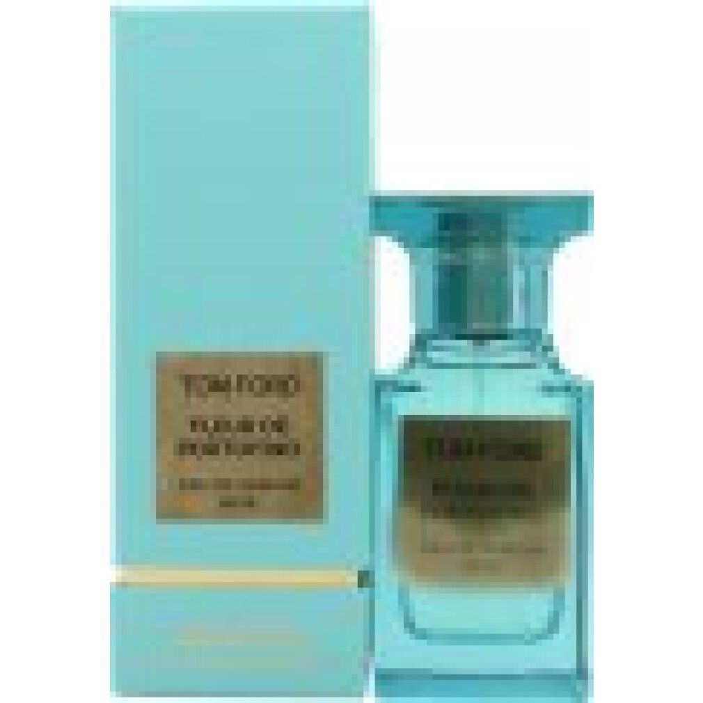 Turquoise fles en doos. Opschrift: Tom Ford Fleur de Portofino Eau de Parfum.