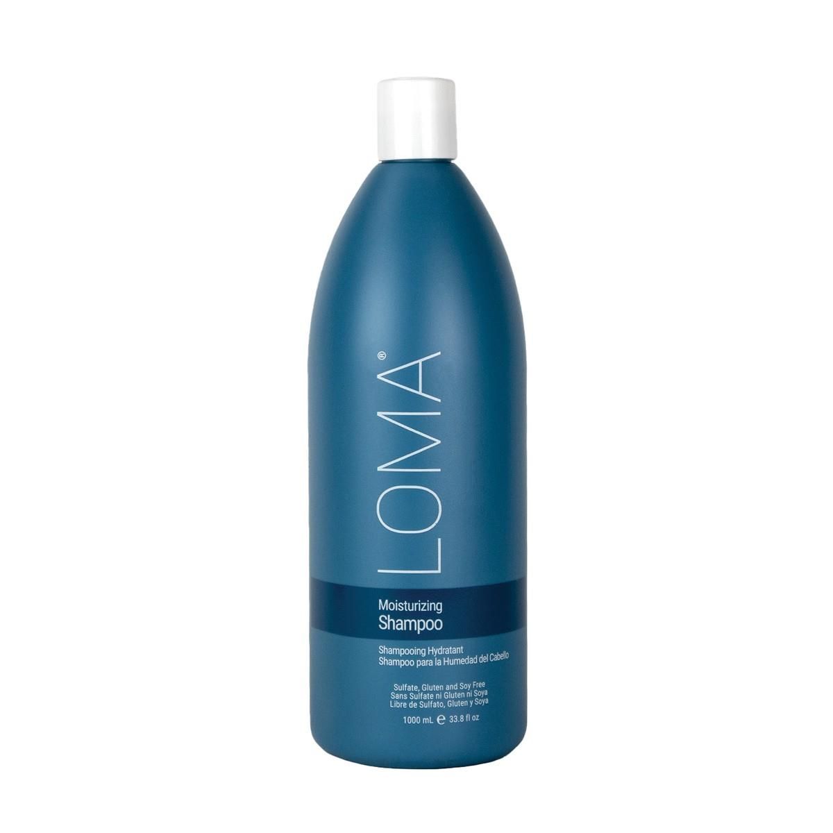 Blauwe fles LOMA Moisturizing Shampoo. Witte dop. Tekst: 'Moisturizing Shampoo', 'Shampooing Hydratant'.