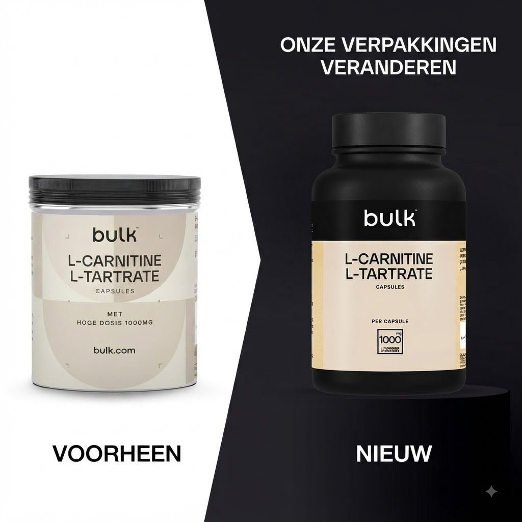 Bulk L-Carnitine L-Tartraat capsules in ronde pot met zwart deksel. Etiket met 'bulk', 'L-CARNITINE L-TARTRATE', 'CAPSULES', 'MET HOGE DOSIS 1000MG'.