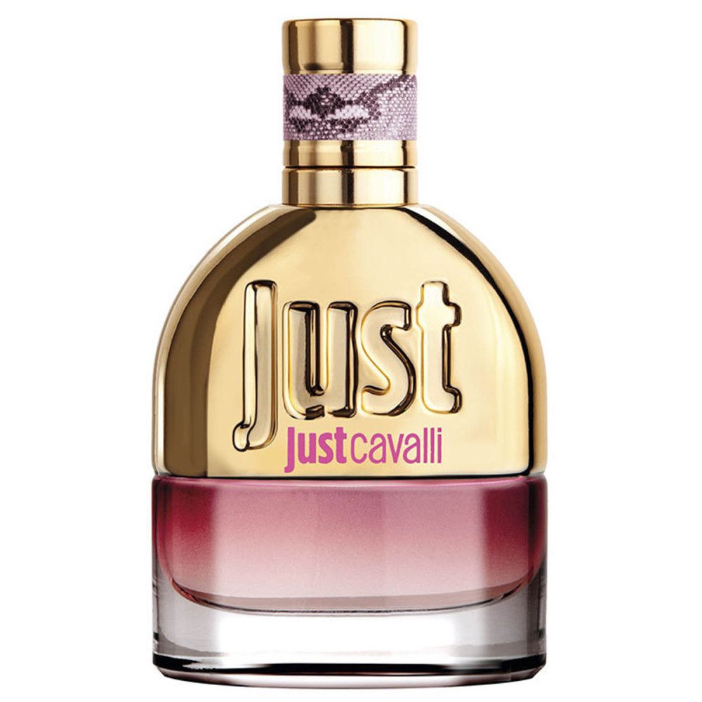 Parfumfles. Gouden dop met opschrift "Just". Roze kleurverloop fles. Hals met slangenpatroon.