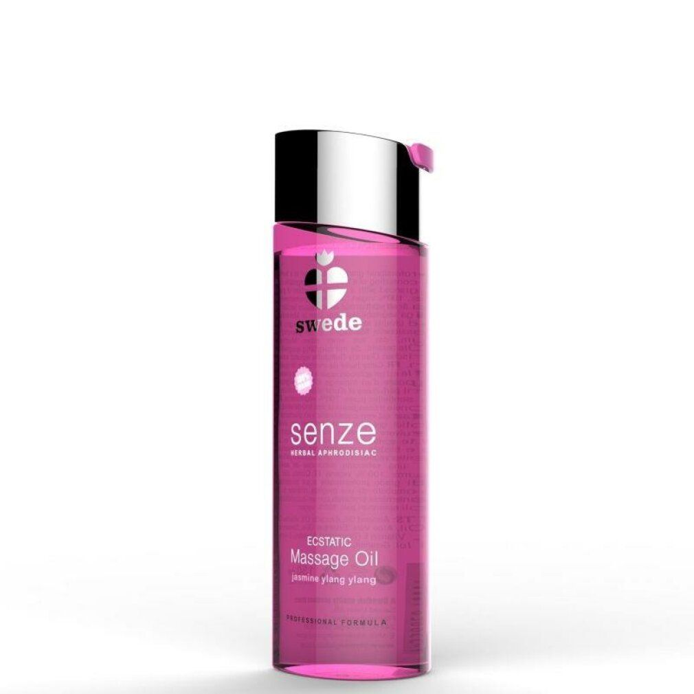 Fles Swede Senze Ecstatic massageolie met zilveren dop. Roze vloeistof.