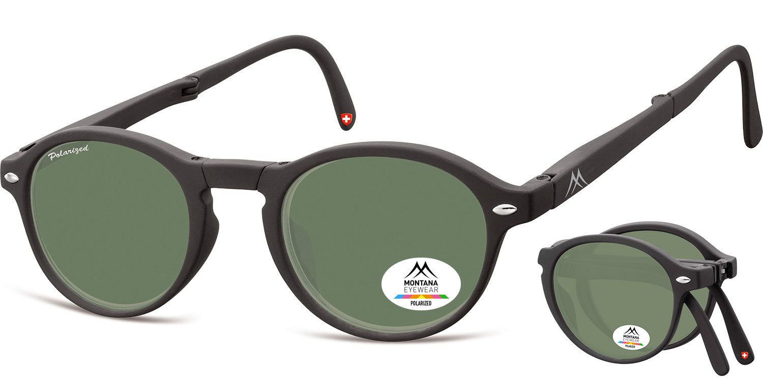 Lunettes de soleil rondes noires à verres verts. Logo et croix suisse sur la branche. Design pliable.