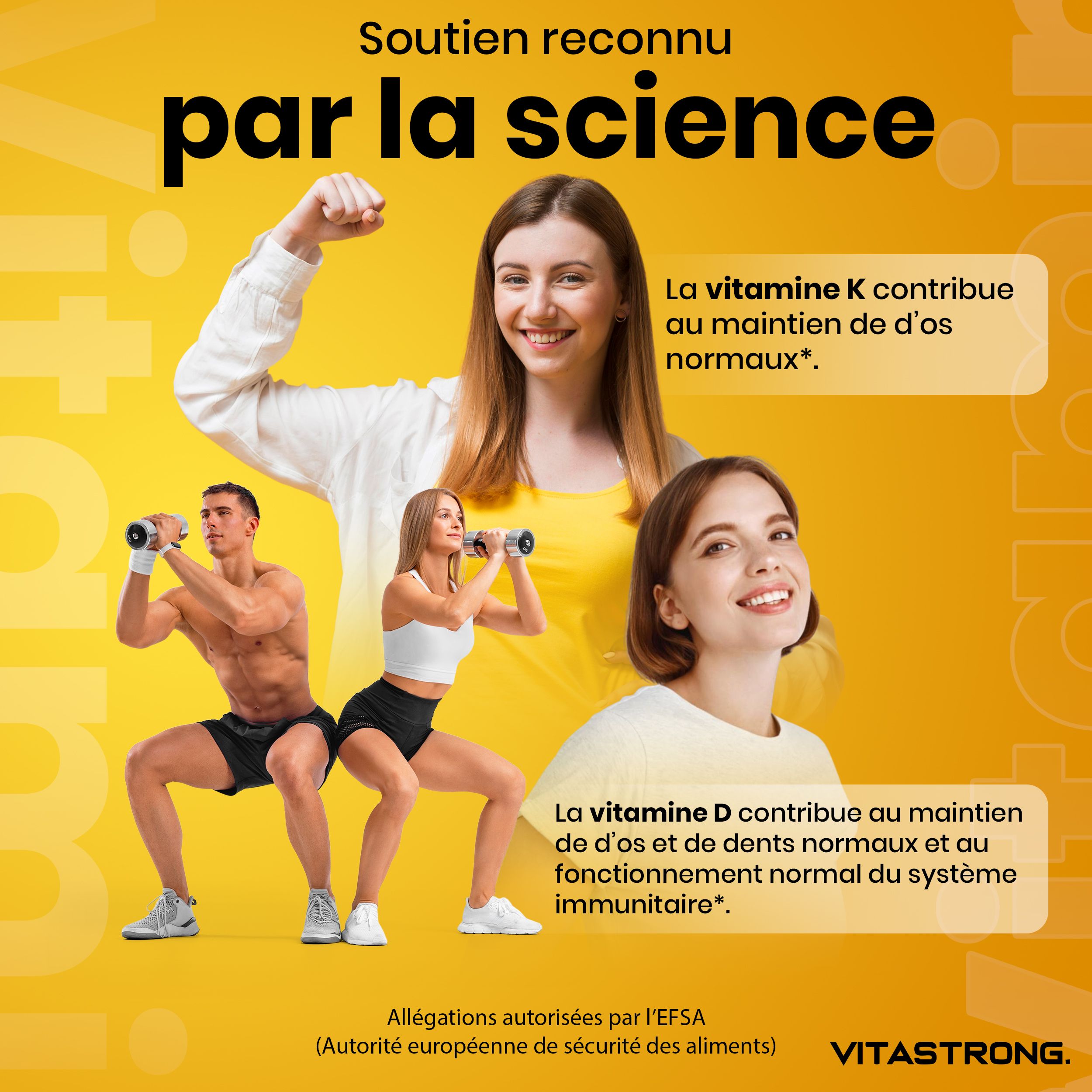 Gele achtergrond met personen en Vitastrong Vitamine D3 + K2 fles. Tekst: Botten, tanden, immuunsysteem, spierfunctie.