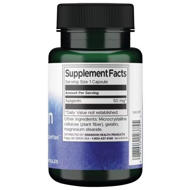 Dos du flacon vert. Inscription: Supplement Facts. Contient Apigenin 50 mg. Autres ingrédients.