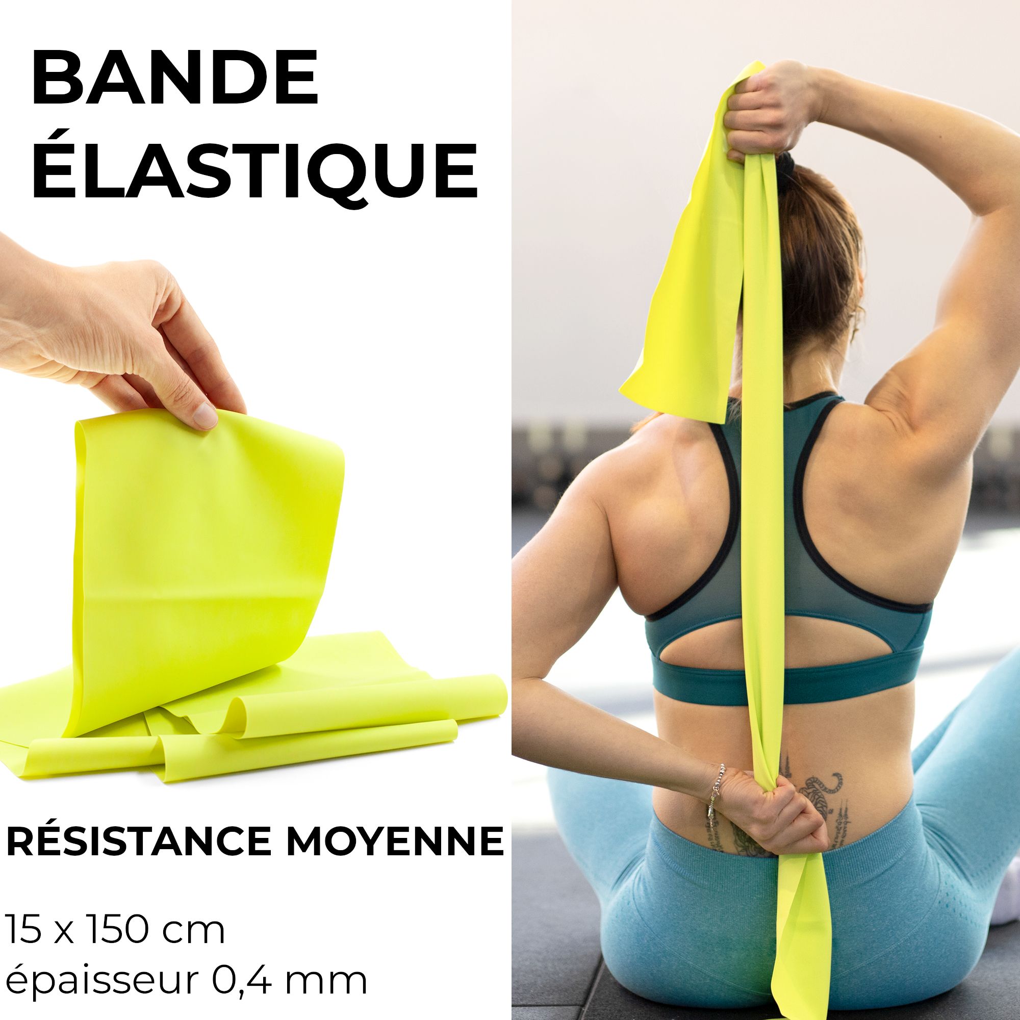 Bande de fitness 15x150 cm, montrée dans la main et utilisée par une femme.