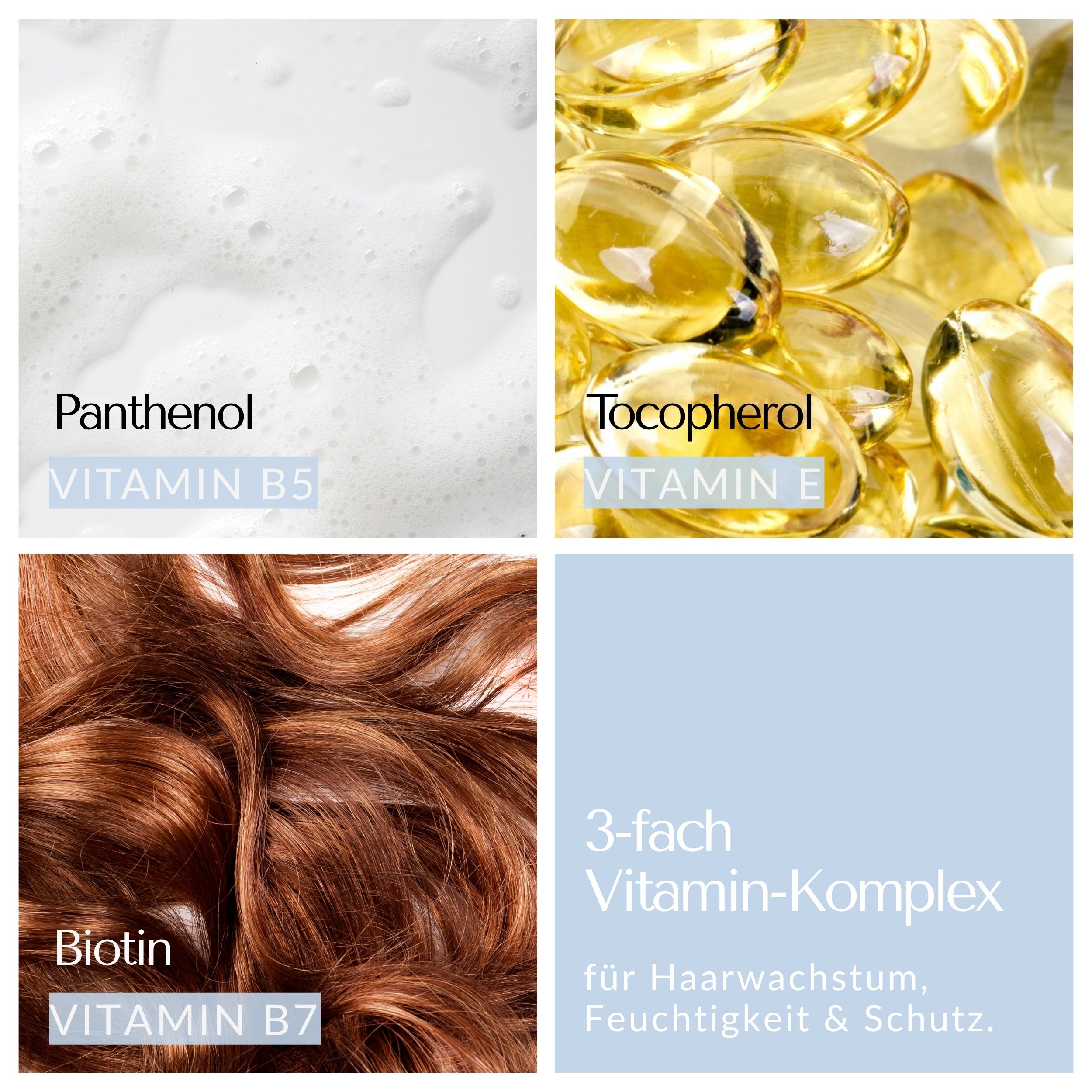 Quatre images : Panthénol, Tocophérol, Biotine. Légendes avec vitamines.