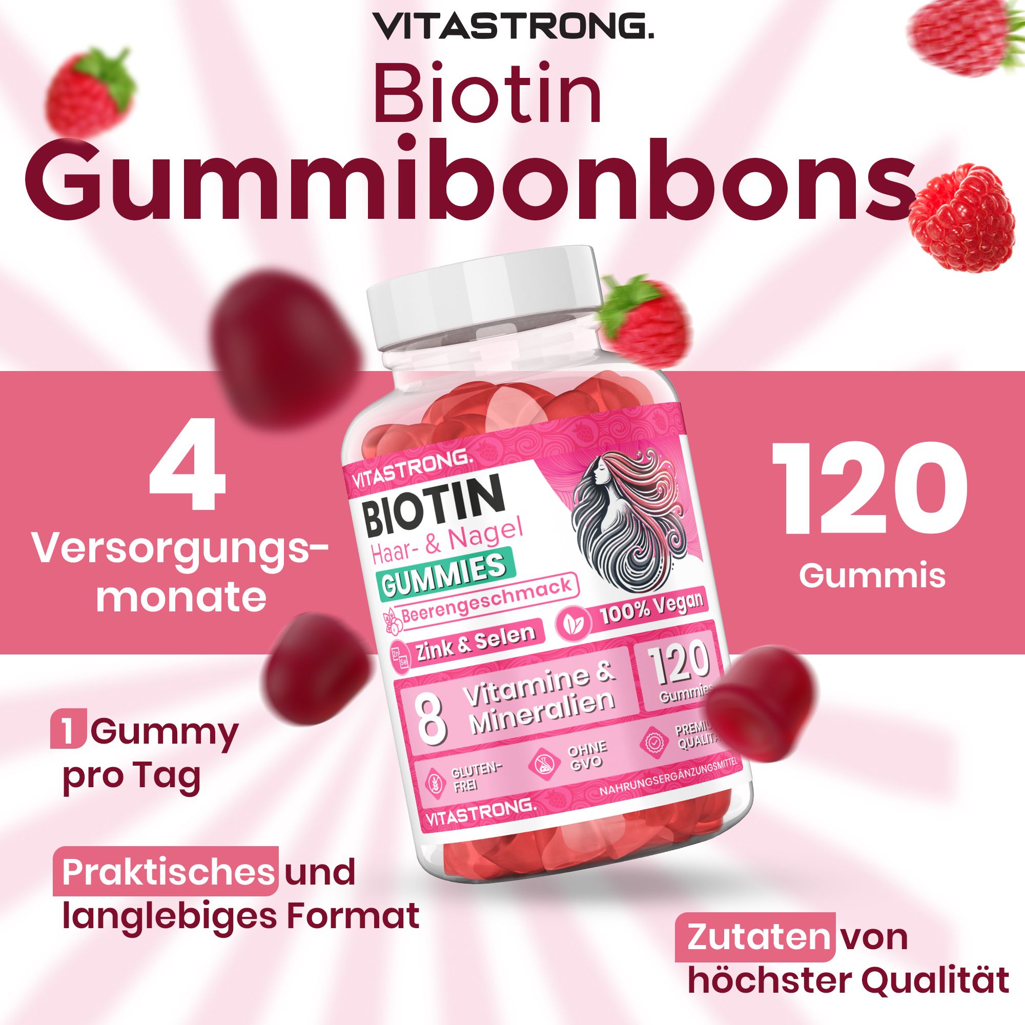 Pot de gummies. Texte : Biotine Gummies, 120 gummies, 8 vitamines et minéraux. 4 mois d'approvisionnement. 1 gomme par jour.