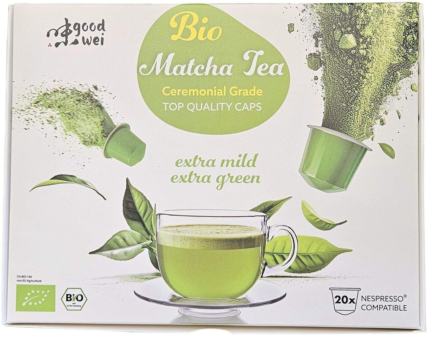 Boîte de capsules de thé matcha. Inscription : Bio Matcha Tea, Ceremonial Grade, extra mild, extra green. 20 capsules, compatible Nespresso.