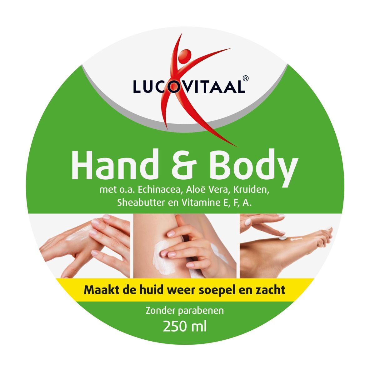 Ronde sticker met 'Hand & Body' en afbeeldingen van handen. Merk: Lucovitaal. Tekst: 'Macht de huid weer soepel en zacht'.