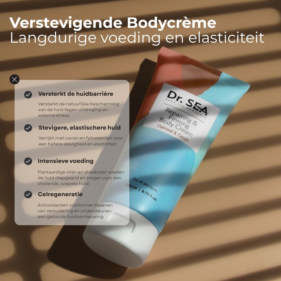 Tube "Dr. SEA" met tekst. Tekst: Versterkt de huidbarrière, stevigere huid, intensieve voeding, celregeneratie. 200 ml.