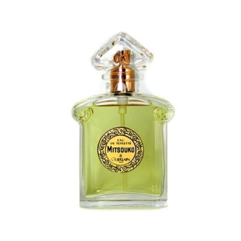 Guerlain Mitsouko Eau de Toilette fles. Vierkante vorm, gouden dop, groene vloeistof. Met tekst.