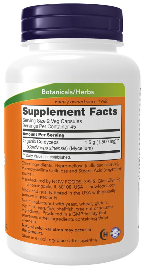 Dos du flacon. Étiquette orange avec informations sur les ingrédients et la valeur nutritionnelle. Marque : NOW. Texte : Supplement Facts.