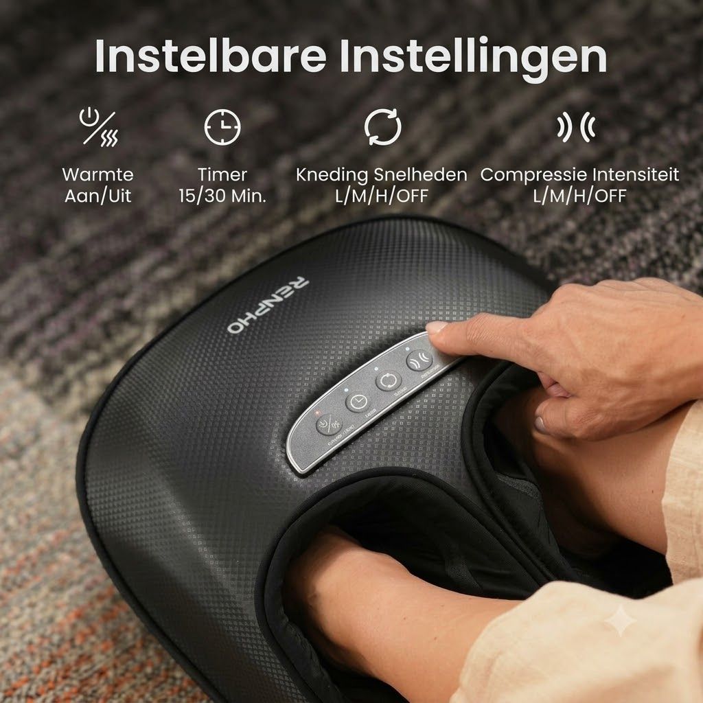 Zwarte voetmassager met bedieningselementen voor warmte, timer, kneedintensiteit en compressie.