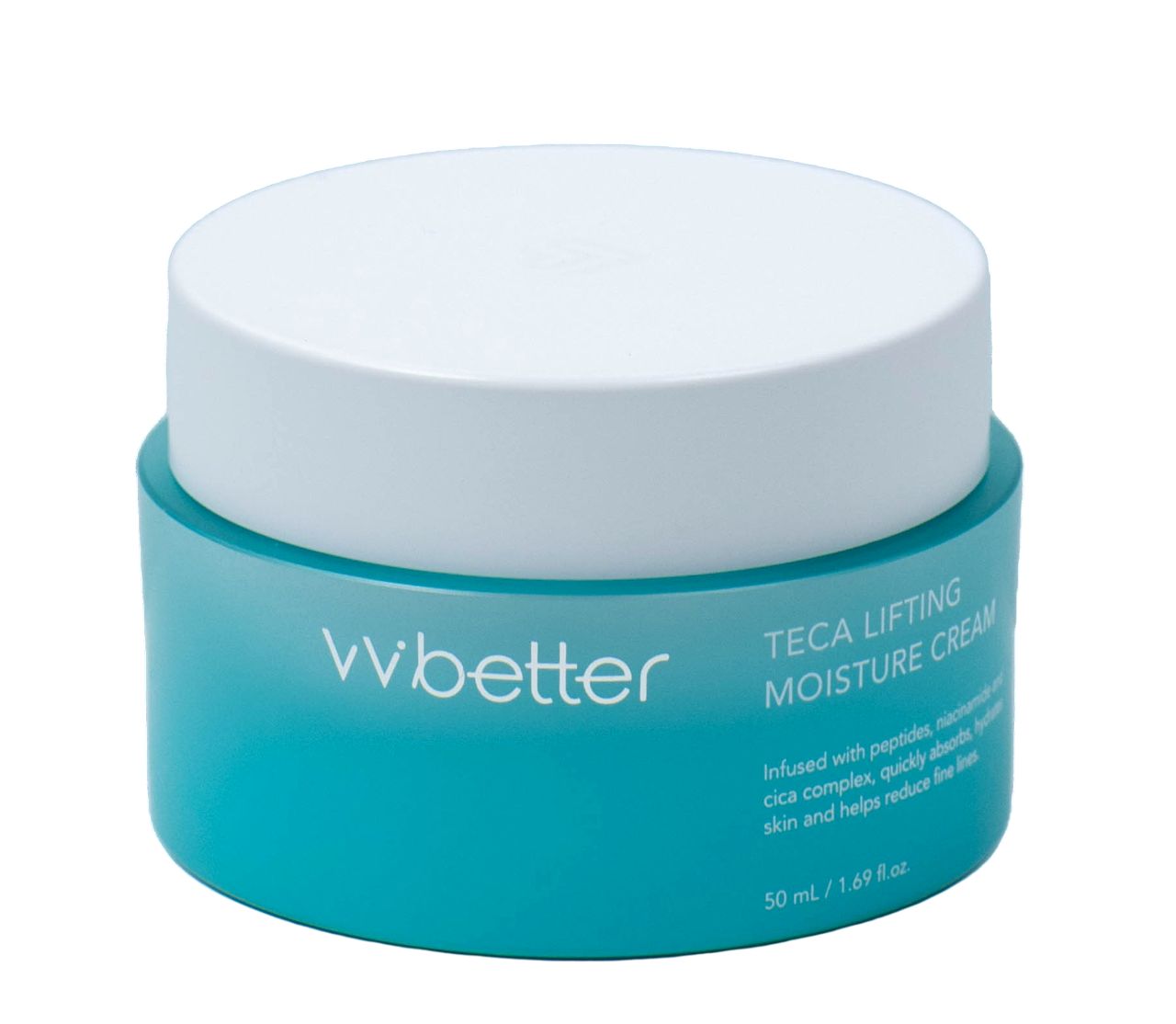 Pot turquoise avec couvercle blanc. Inscription : vvbetter, TECA Lifting Moisture Cream. Texte : Infusé avec peptides, complexe cica.