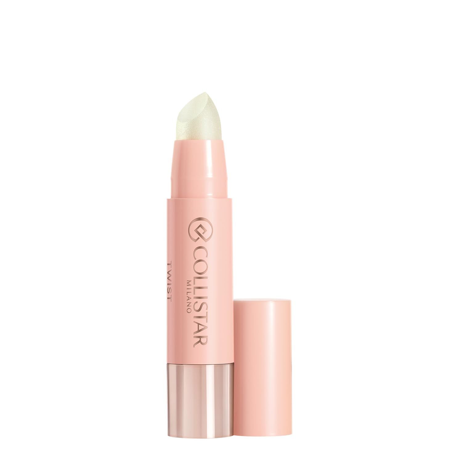 Lipstick met open dop. Roze huls met zilverkleurige bodem. Opschrift: Collistar Milano Twist.