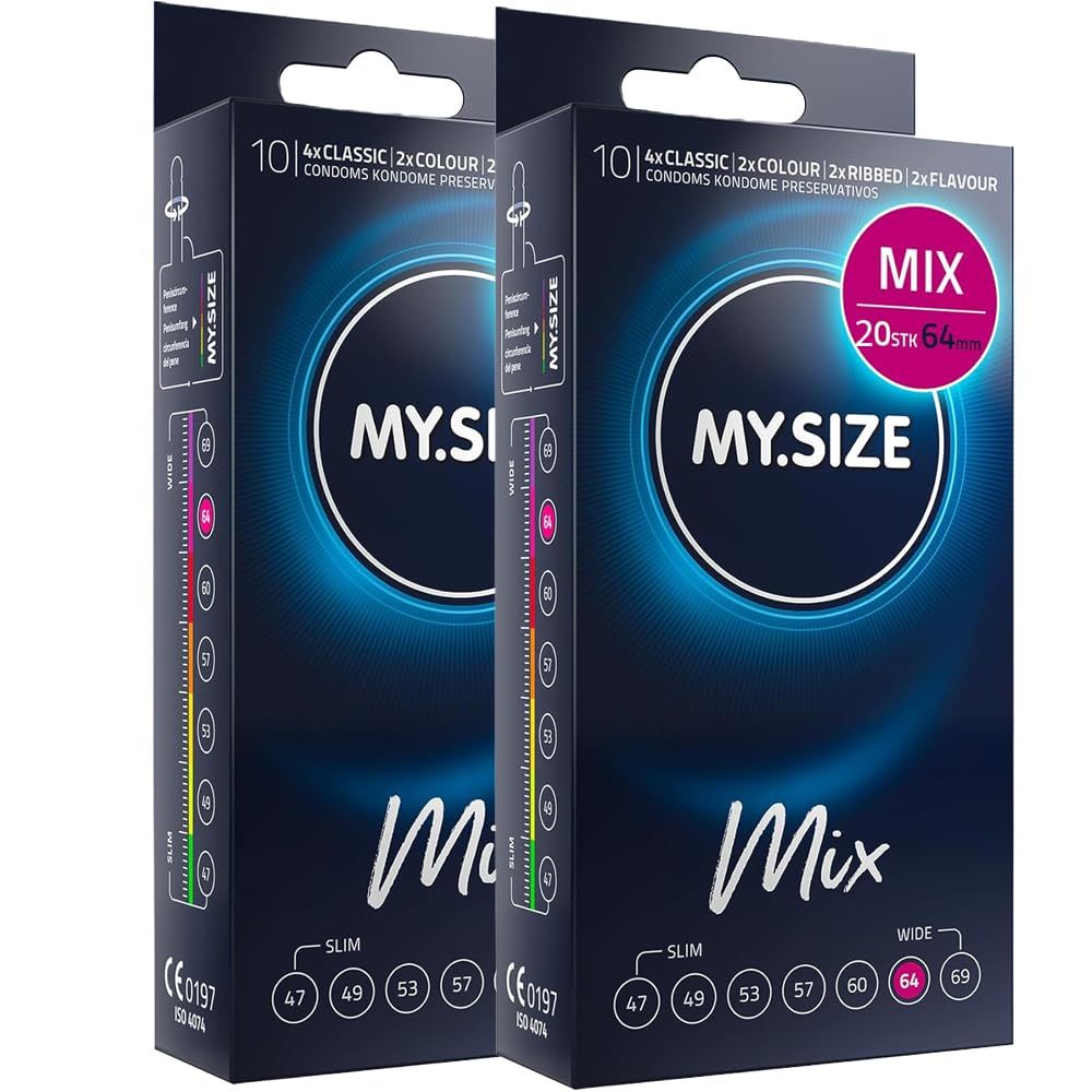 Twee pakken MY.SIZE Mix condooms, 20 stuks, 64mm. Toont verschillende maten en types.