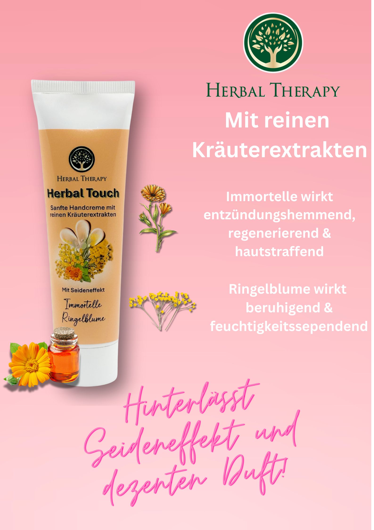 Tube de crème sur fond jaune. Texte : Herbal Therapy, Herbal Touch, Sanfte Handcreme mit Kräuterextrakten. Illustration de fleurs et d'huile.