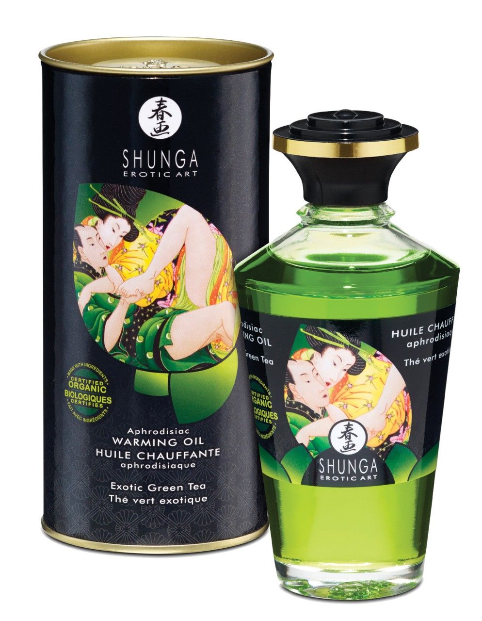 Groene glazen fles en doos. Opschrift: Shunga, Warming Oil, Exotic Green Tea. Illustratie. Certificeringen.