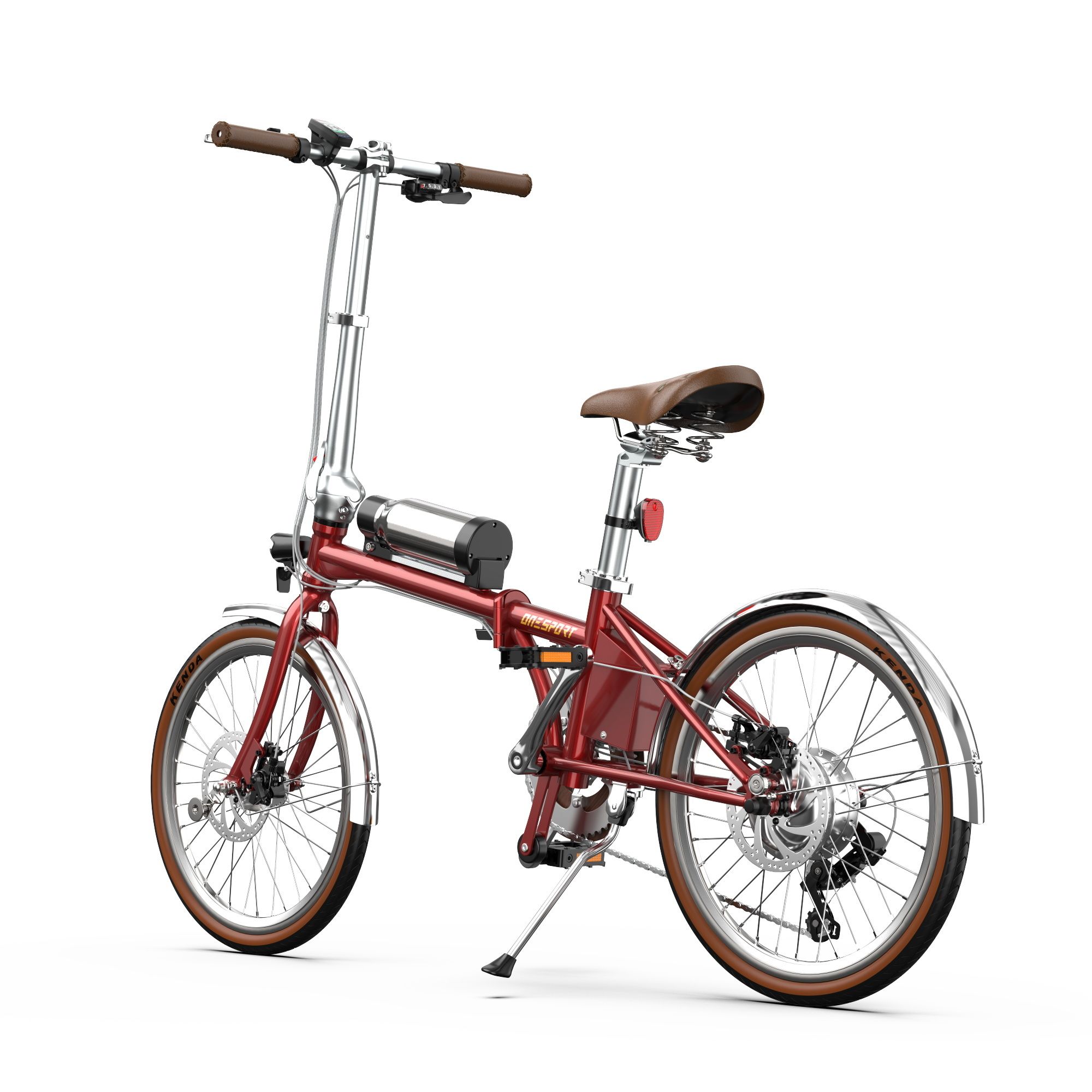 Vélo électrique pliable rouge. Roues de 20 pouces, pneus et selle marron. Garde-boue argentés. Batterie sur le cadre.