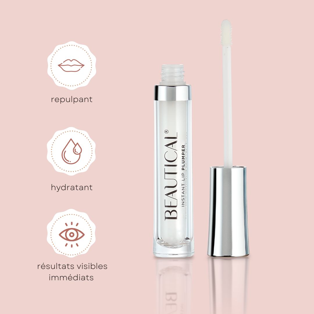 BEAUTICAL Instant Lip Plumper. Produit, applicateur et icônes sur fond rose. Texte en français.