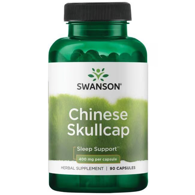 Flacon vert avec bouchon noir. Étiquette avec "SWANSON", "Chinese Skullcap", "Sleep Support" et "400 mg par capsule".